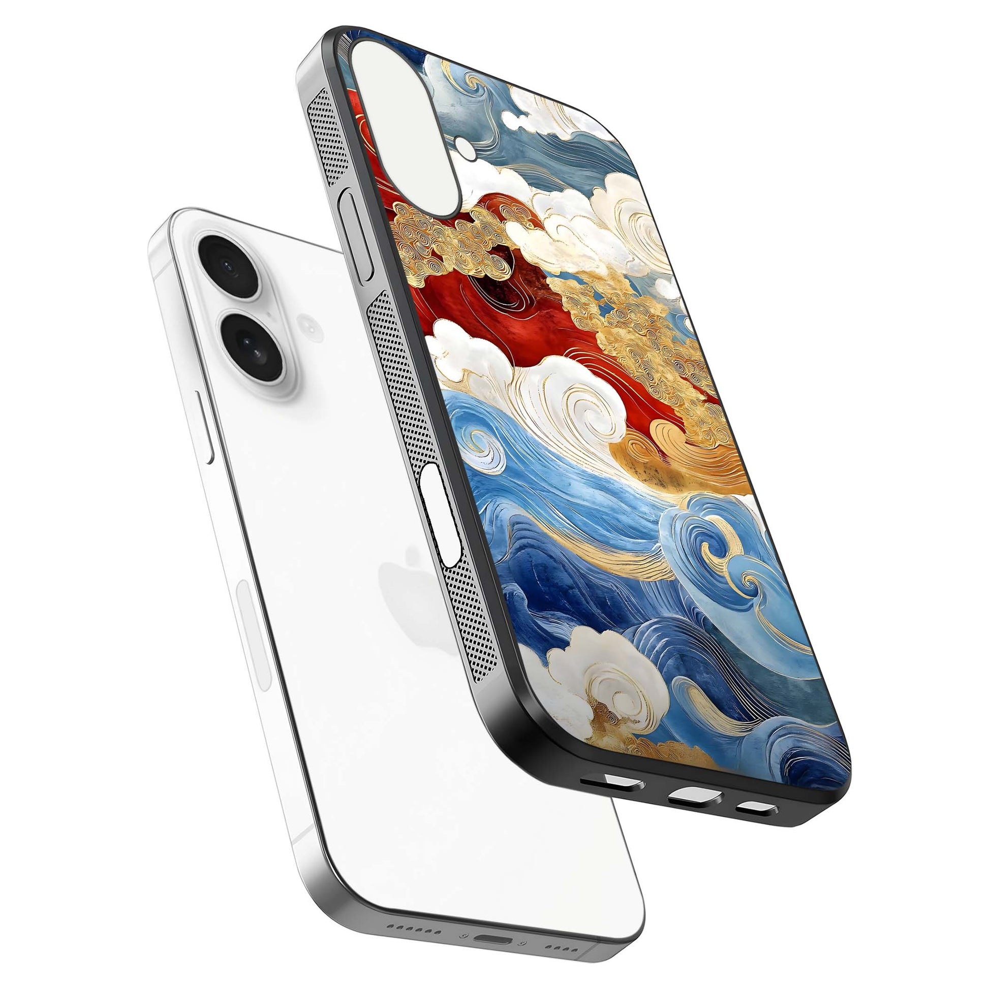 Colored Waves Glass Case for iPhone 17 floating dual-view mockup displaying gloss finish and color contrast