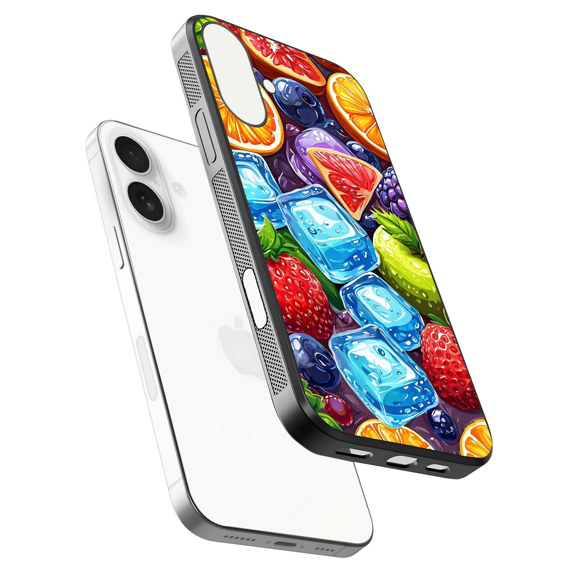 Colorful Fruits with Ice Glass Case for iPhone 17 floating mockup showing bright shine and crystal clarity