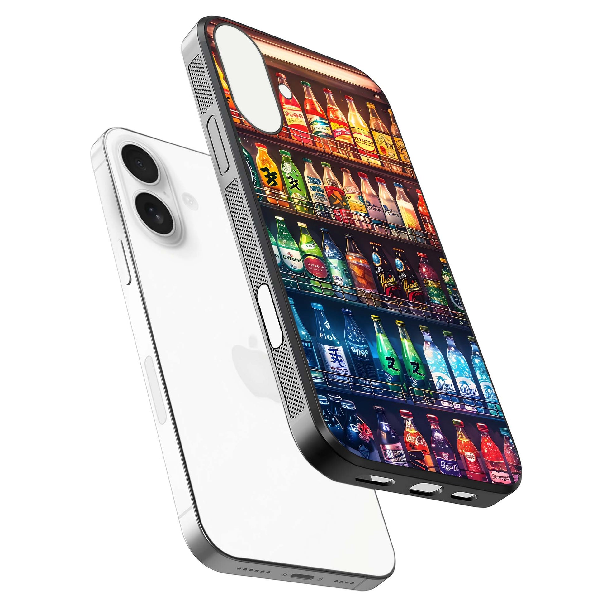 Colorful Soda Bottles Glass Case for iPhone 17 floating mockup showing light reflection and bright gloss