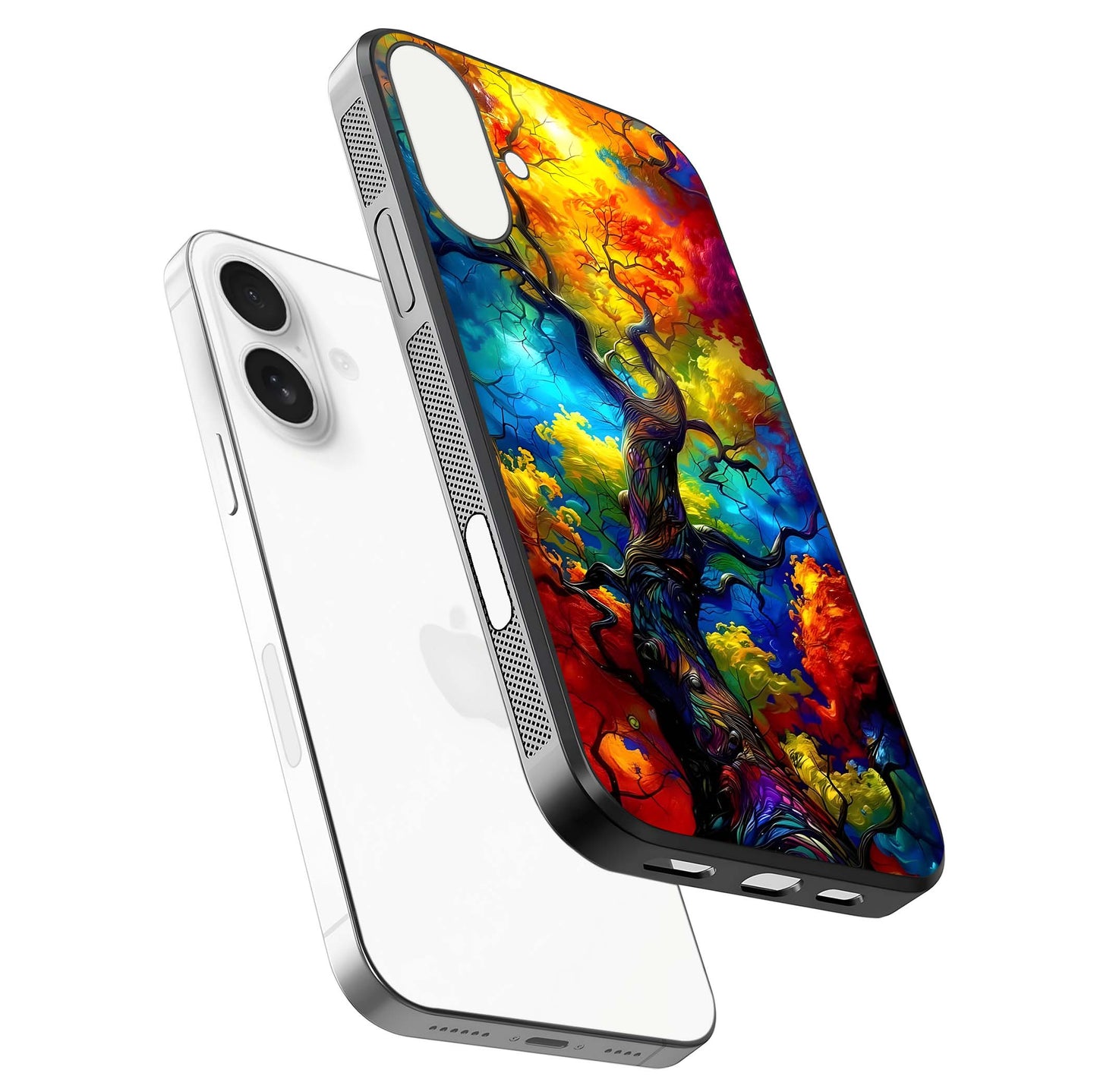 Colorful Tree Glass Case for iPhone 17 floating mockup showing reflection gloss and vivid hues