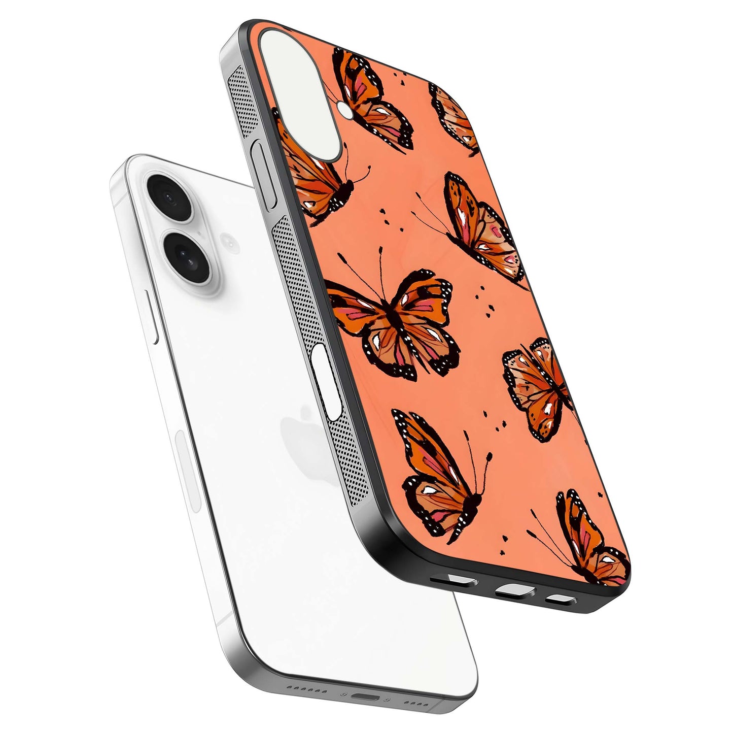Coral Wing Butterfly Glass Case for iPhone 17 floating mockup showing HD gloss texture and vivid coral color