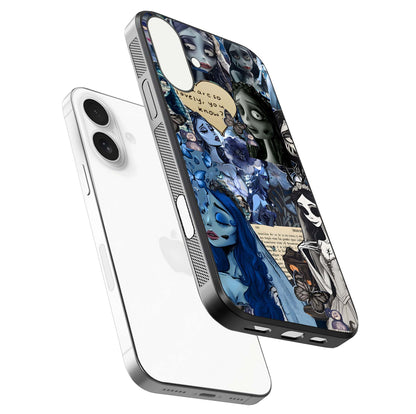 Corpse Bride Posters Glass Case for iPhone 17 floating mockup showing shine texture and clear design