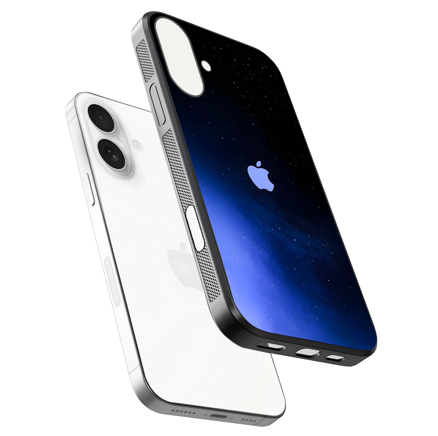 Cosmic Blue Apple Glass Case for iPhone 17 floating mockup showing HD gloss and deep space gradient