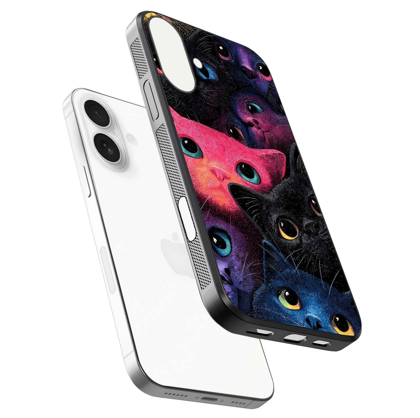 Cosmic Cats Dreams Glass Case for iPhone 17 floating mockup showing star details and polish reflection