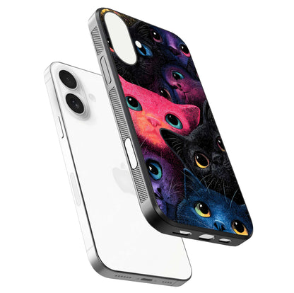 Cosmic Cats Dreams Glass Case for iPhone 17 floating mockup showing star details and polish reflection