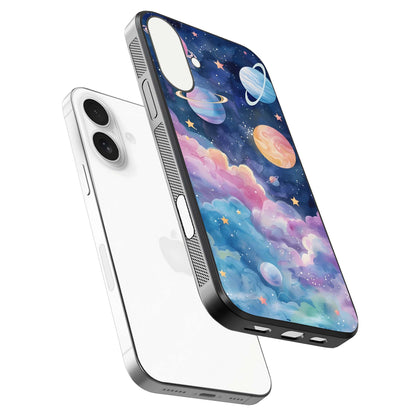 Cosmic Planet Dreams Glass Case for iPhone 17 floating mockup showing HD gloss and cosmic reflection