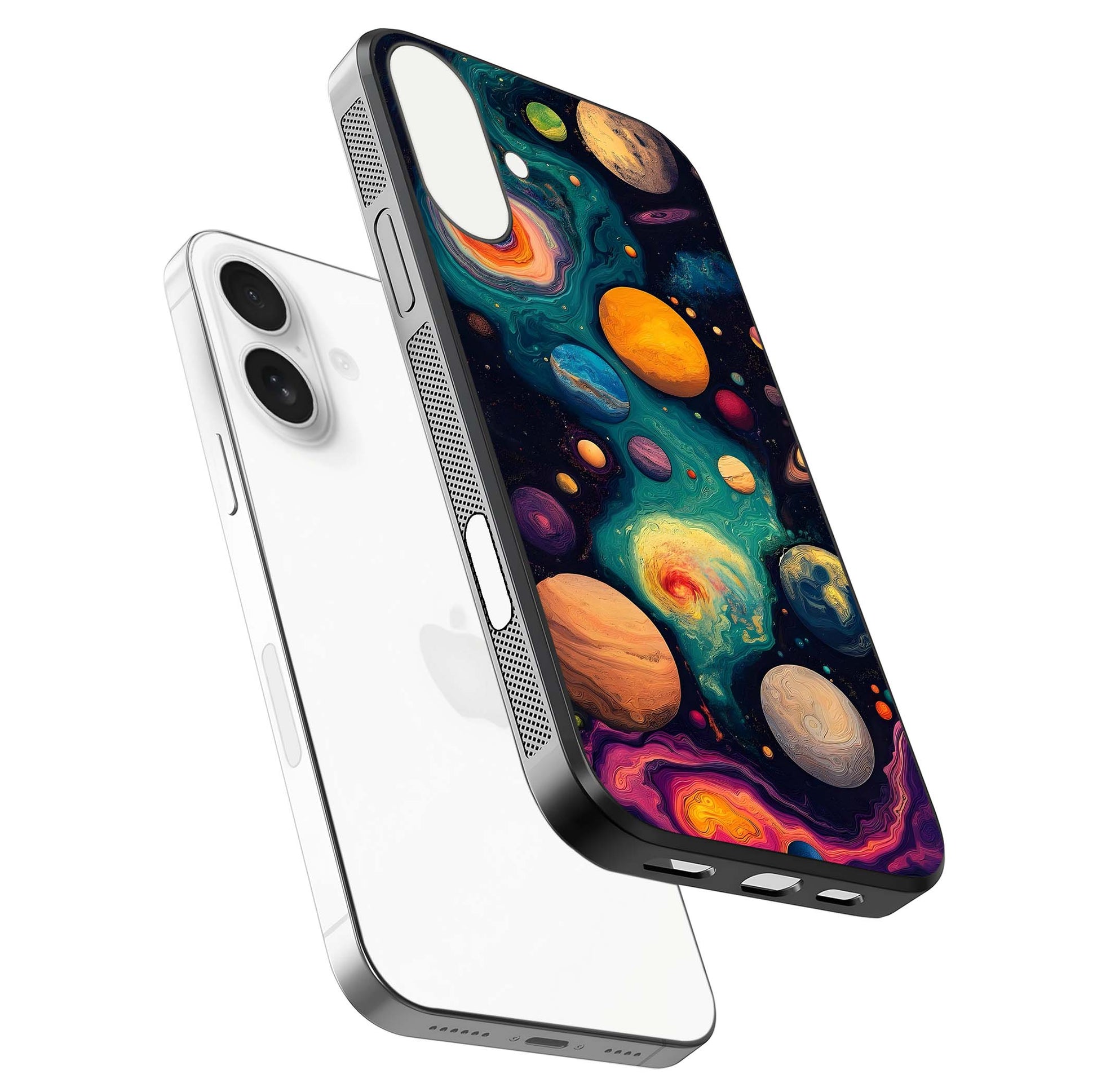 Cosmic Planet Journey Glass Case for iPhone 17 floating mockup showing gloss gradient and deep shine