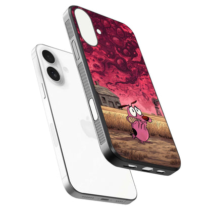 Courage Under Sky Glass Case for iPhone 17 floating mockup showing shine reflection and clean edges
