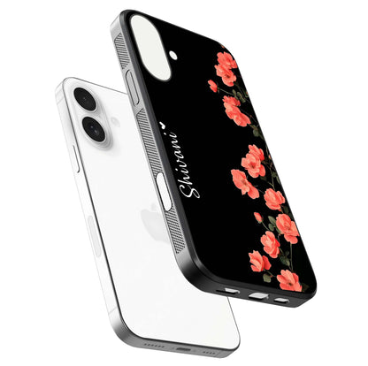 Crimson Bloom Grace Custom Name Glass Case for iPhone 17 floating mockup showing HD gloss and floral tones