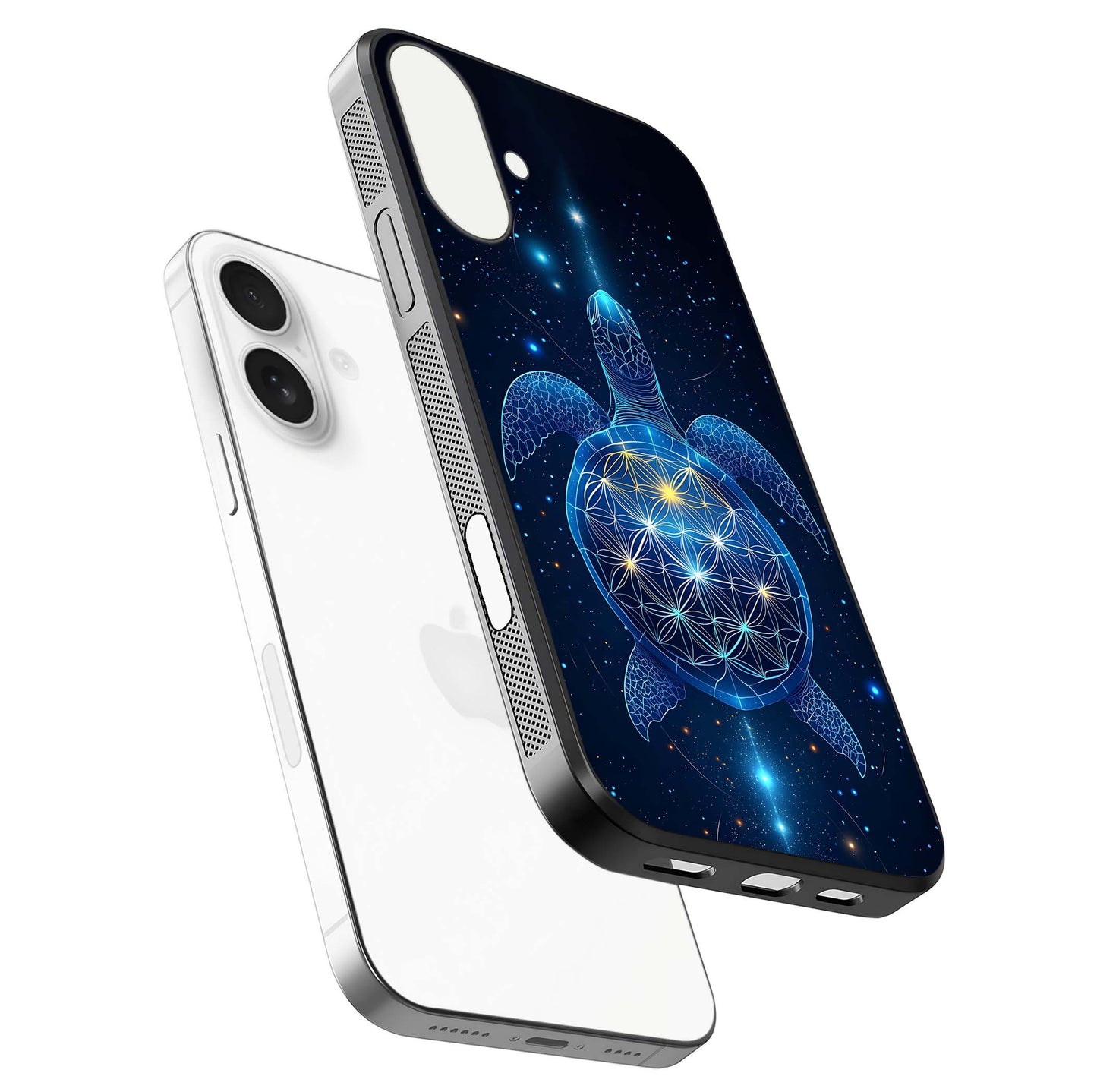 Crimson Blue Turtle Glass Case for iPhone 17 floating mockup showing reflection polish and deep hues