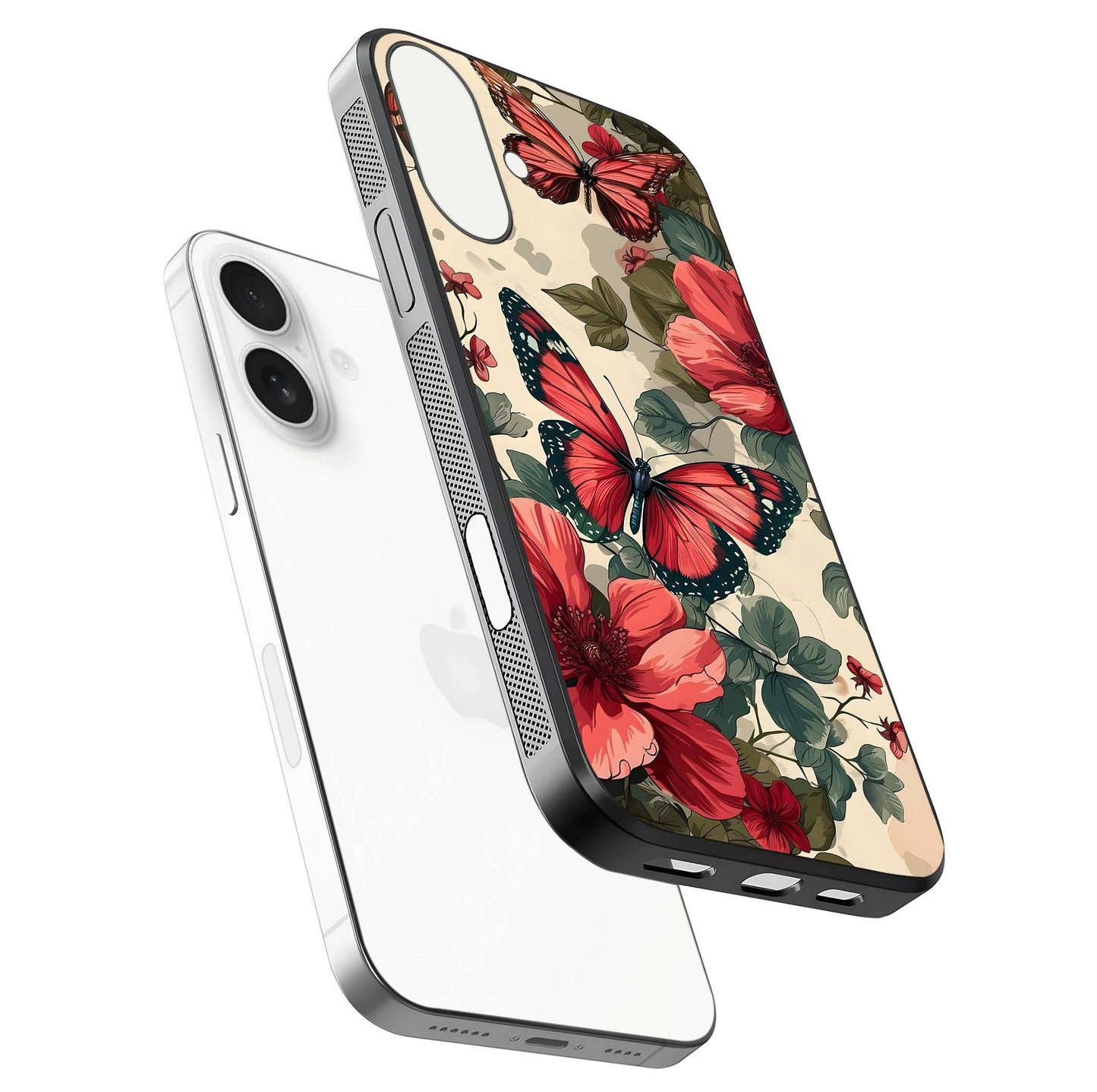Crimson Butterfly Garden Glass Case for iPhone 17 floating mockup showing HD gloss and vivid art
