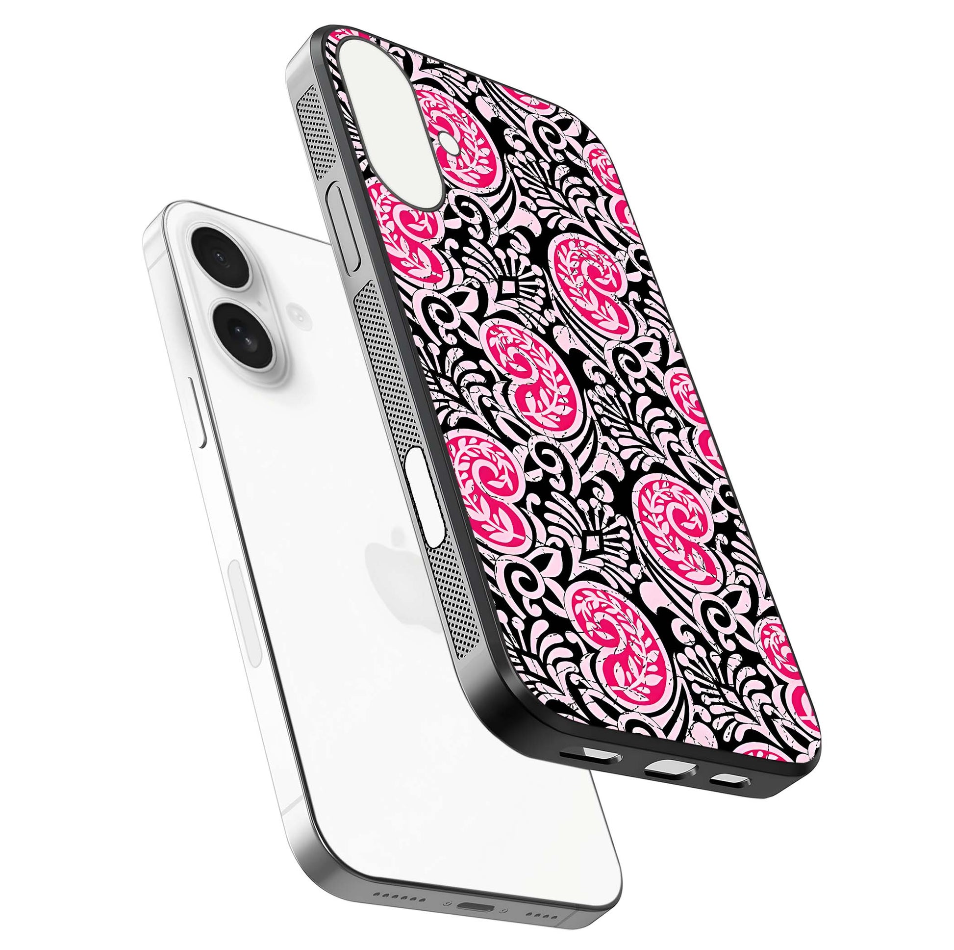 Crimson Paisley Charm Glass Case for iPhone 17 floating mockup showing gloss shine and texture clarity