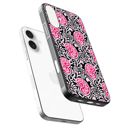 Crimson Paisley Charm Glass Case for iPhone 17 floating mockup showing gloss shine and texture clarity