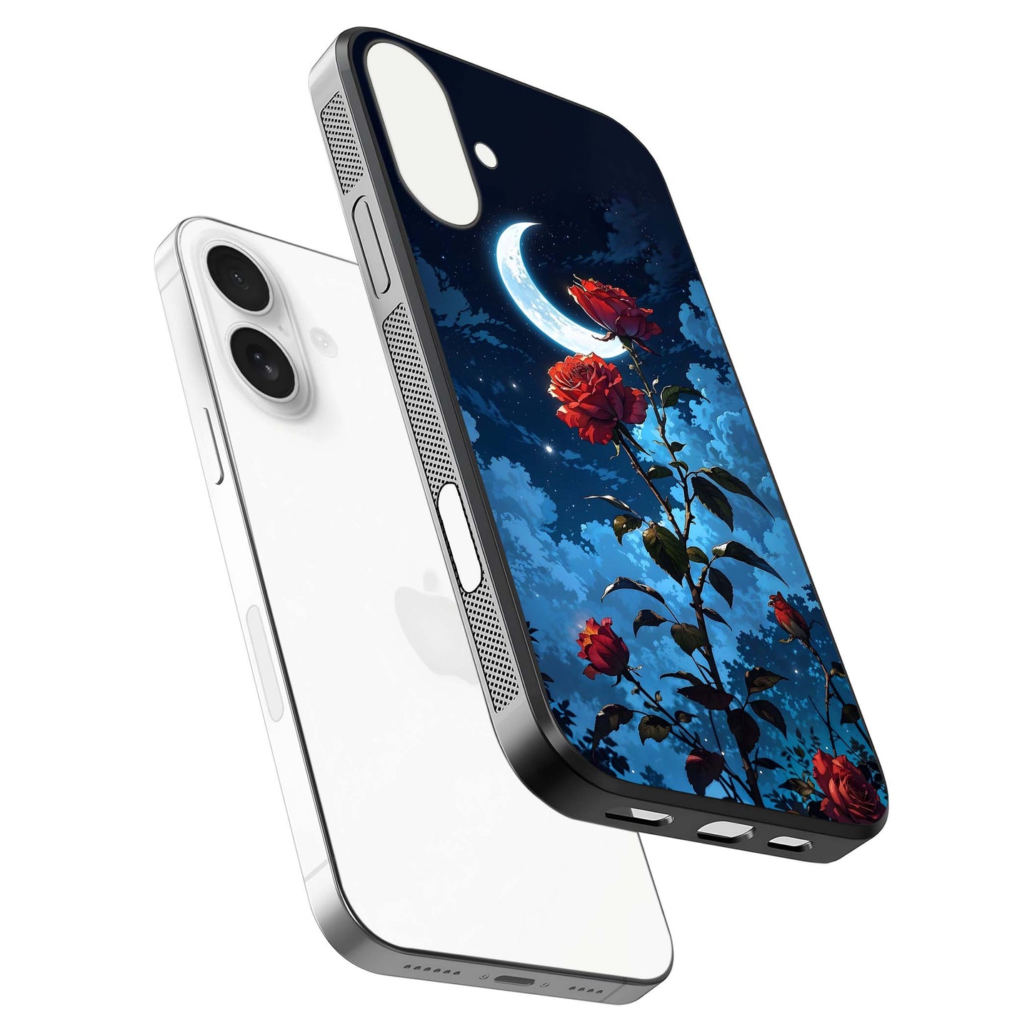 Crimson Rose Moon Glass Case for iPhone 17 floating mockup showing HD shine and elegant contrast