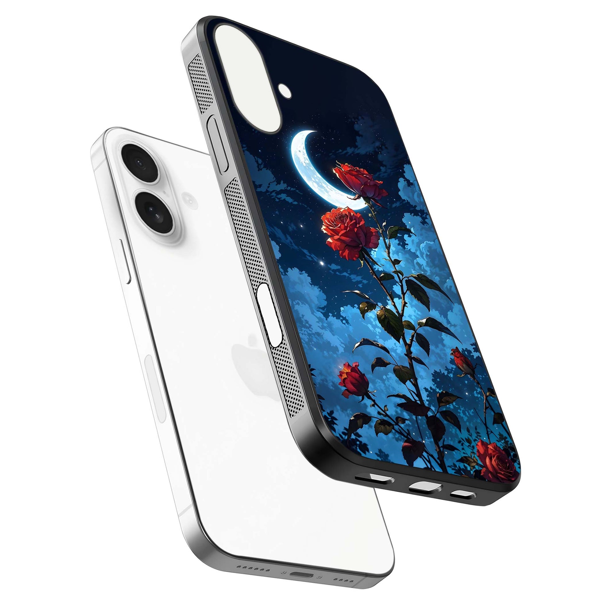 Crimson Rose Moon Glass Case for iPhone 17 floating mockup showing HD shine and elegant contrast
