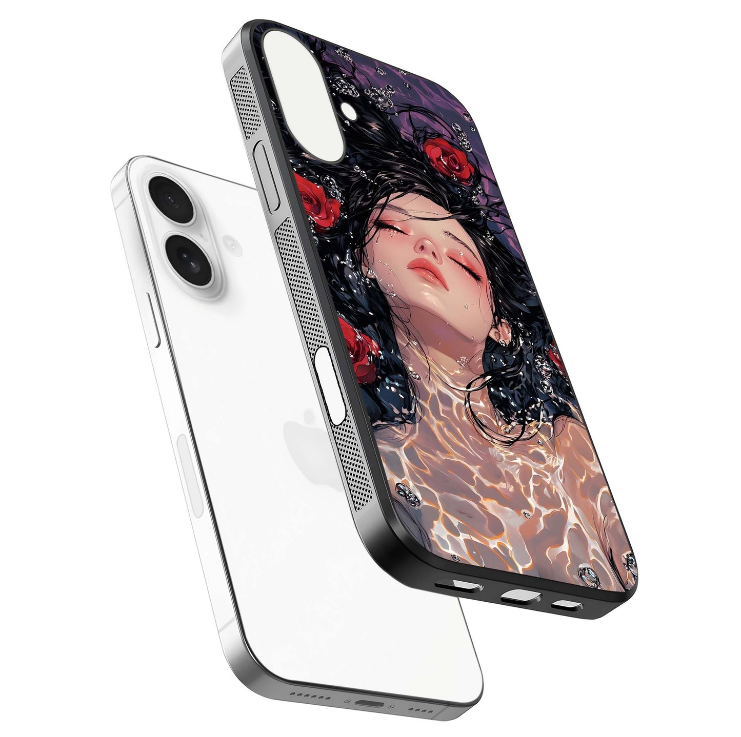 Crimson Rose Serenity Glass Case for iPhone 17 floating mockup showing HD gloss and floral texture