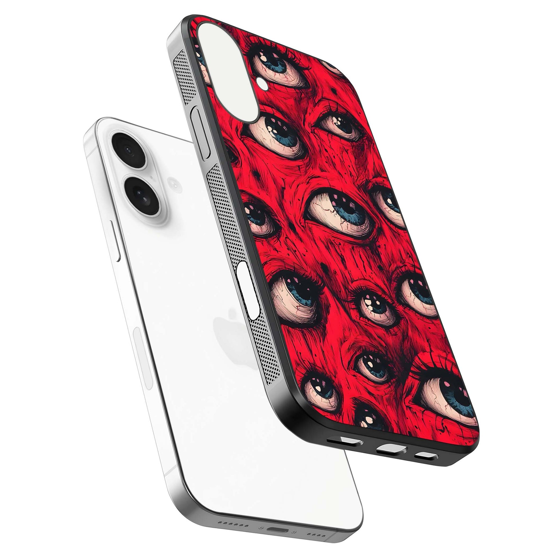 Crimson Watch Eyes Glass Case for iPhone 17 floating mockup showing HD polish and bright gloss