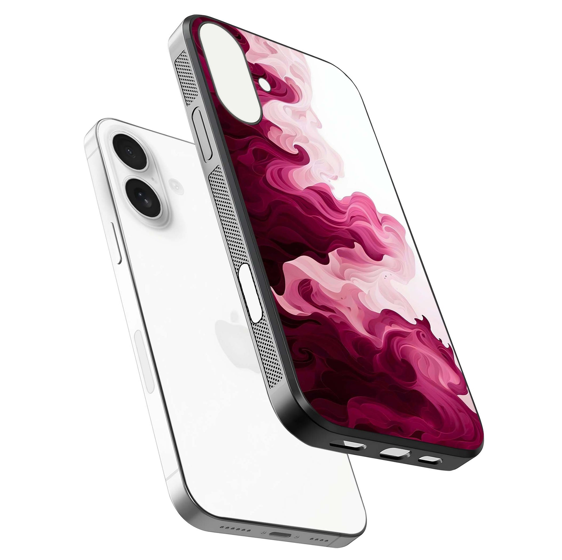 Crimson Wave Flow Glass Case for iPhone 17 floating mockup showing gloss shine and smooth edge
