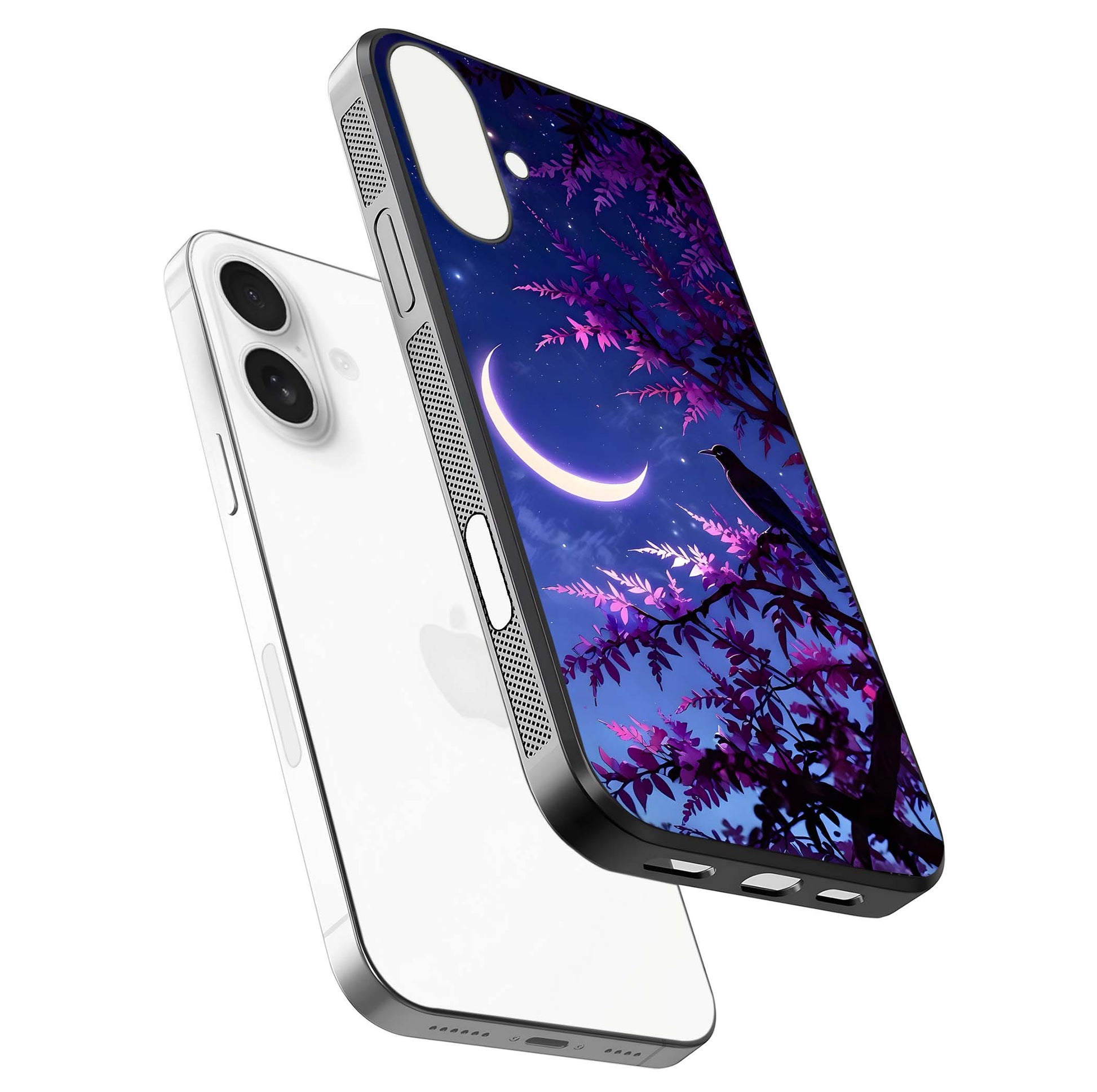 Crow & Moon Scenery Glass Case for iPhone 17 floating mockup showing HD gloss texture and soft moonlight glow