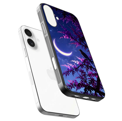 Crow & Moon Scenery Glass Case for iPhone 17 floating mockup showing HD gloss texture and soft moonlight glow