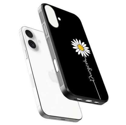 Custom Name White Flower Glass Case for iPhone 17 floating mockup displaying HD gloss and delicate texture