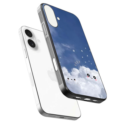 Cute Blossom Cloud Glass Case for iPhone 17 floating mockup showing HD shine and soft gradient finish