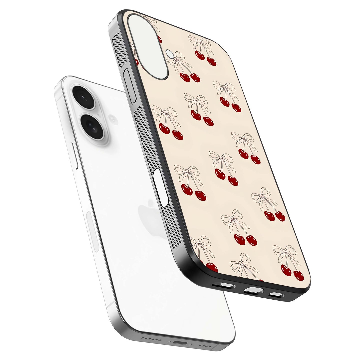 Cute Cherry Pattern Glass Case for iPhone 17 floating mockup showing HD gloss shine and clear tones