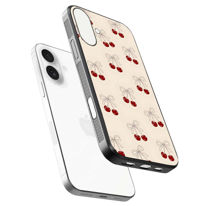Cute Cherry Pattern Glass Case for iPhone 17 floating mockup showing HD gloss shine and clear tones