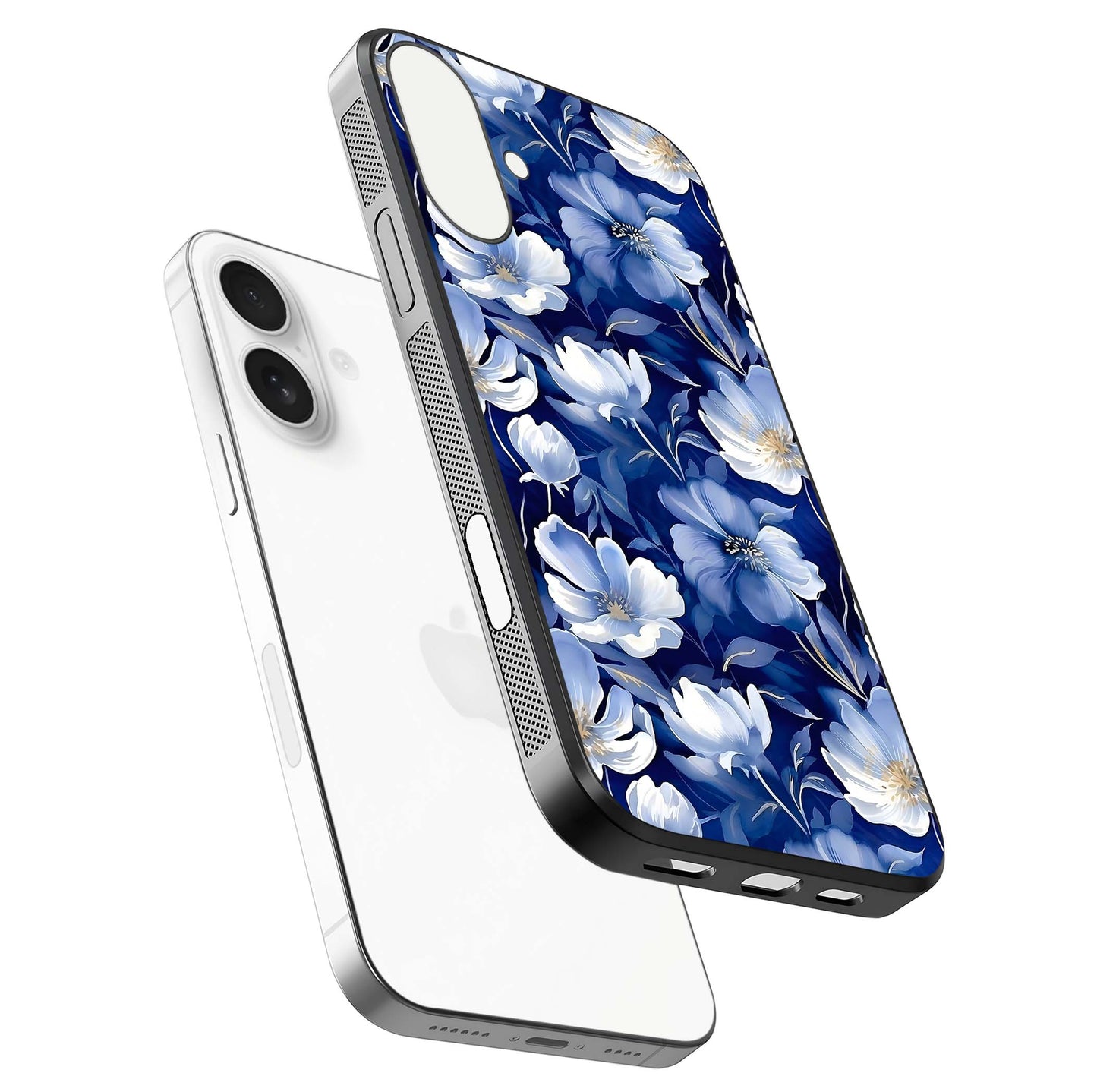Cute Floral Patterns Glass Case for iPhone 17 floating mockup showing shine depth and design clarity