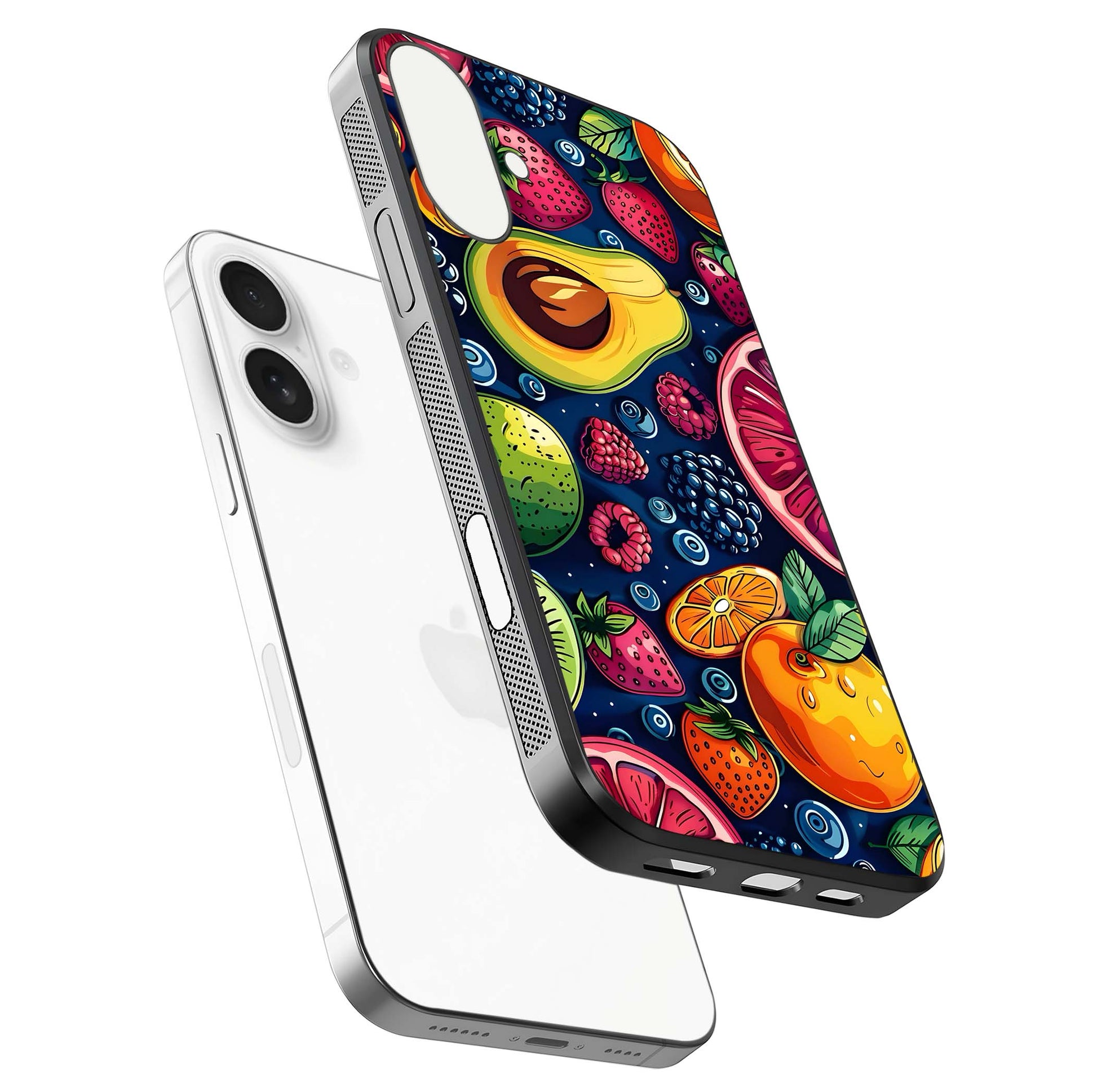 Cute Fruits Art Glass Case for iPhone 17 floating mockup showing gloss brightness and vivid artwork