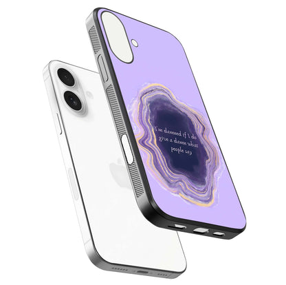 Damned People Quote Glass Case for iPhone 17 floating mockup showing gloss reflection and text balance