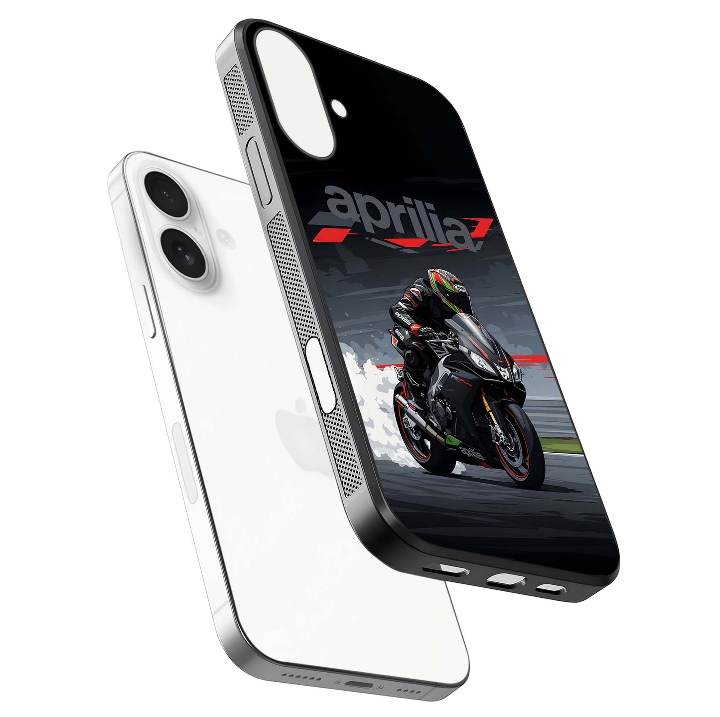 Dark Aprilla Glass Case for iPhone 17 floating mockup showing glossy contrast and texture clarity