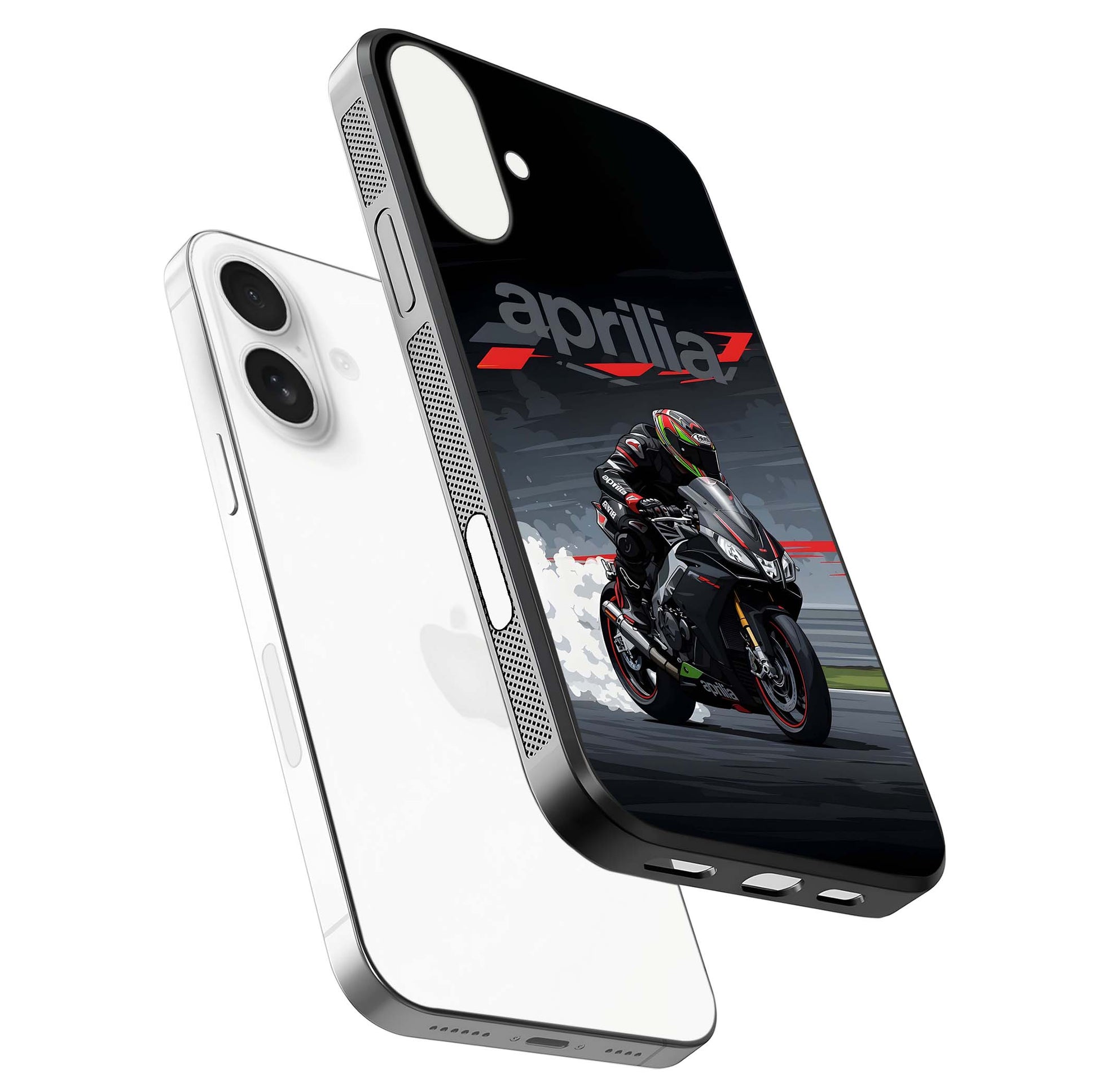 Dark Aprilla Glass Case for iPhone 17 floating mockup showing glossy contrast and texture clarity