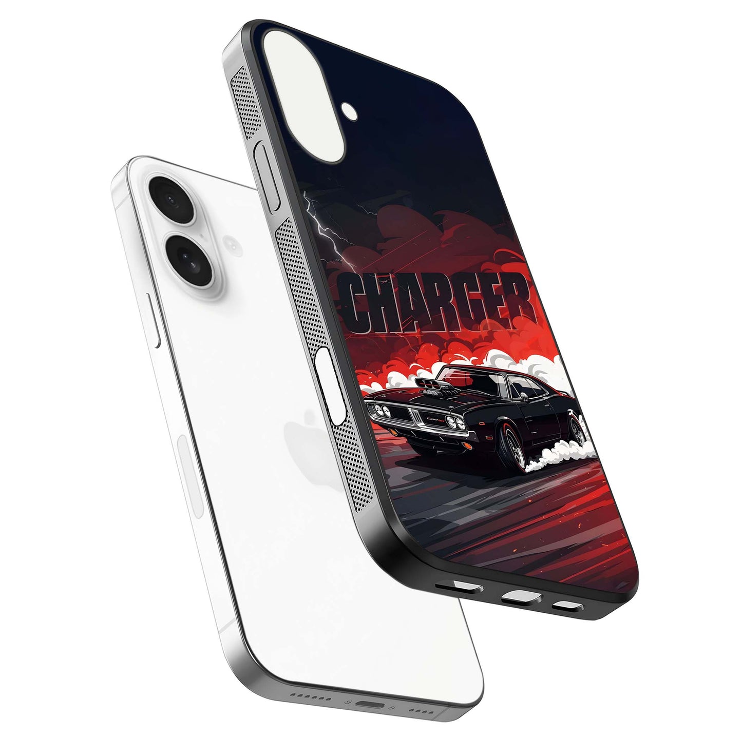 Dark Charger Fury Glass Case for iPhone 17 floating mockup showing reflection depth and shiny surface