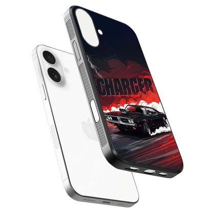 Dark Charger Fury Glass Case for iPhone 17 floating mockup showing reflection depth and shiny surface