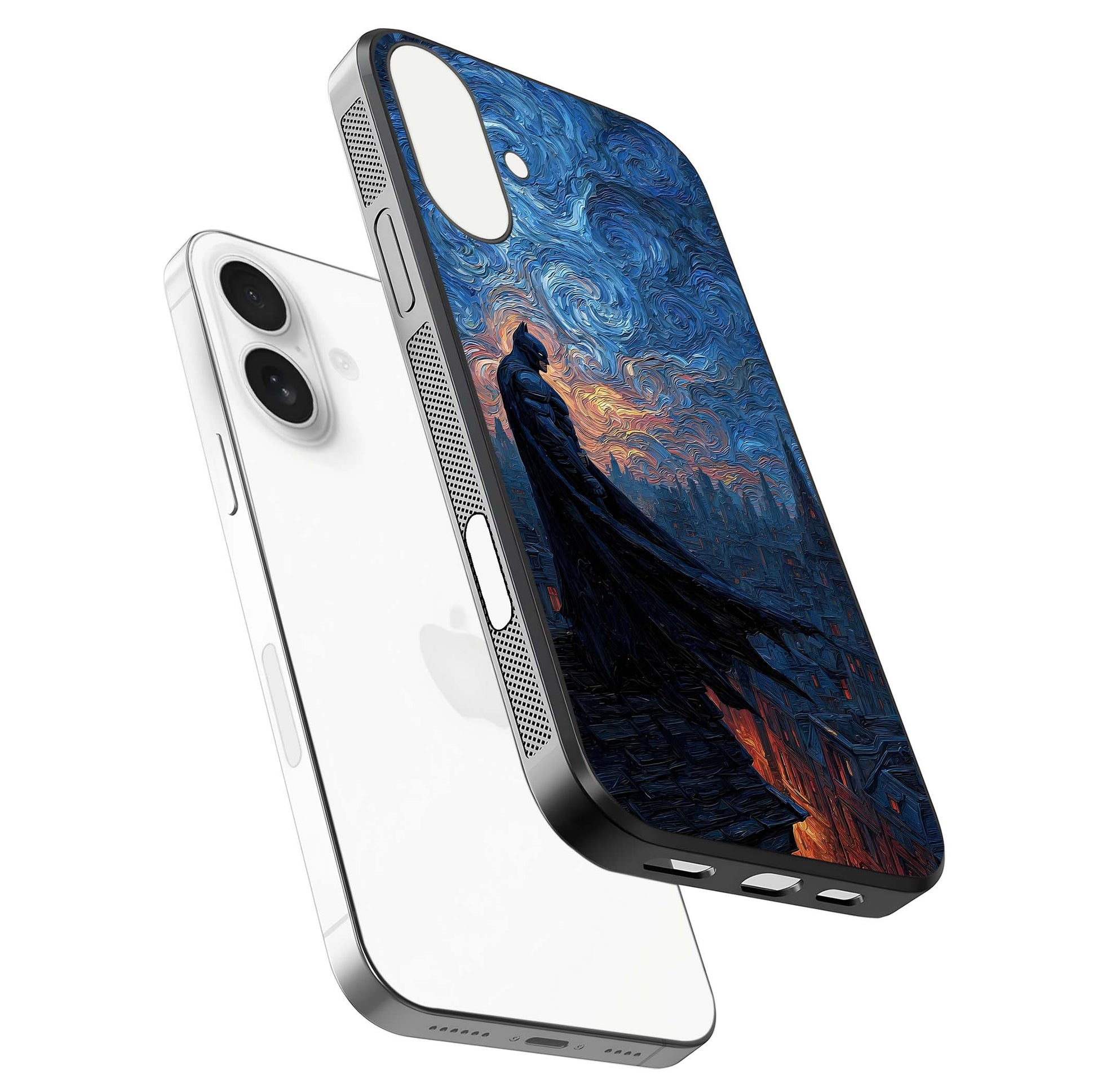 Dark Knight Dusk Glass Case for iPhone 17 floating mockup showing glossy depth and cinematic lighting