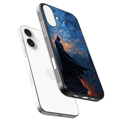 Dark Knight Dusk Glass Case for iPhone 17 floating mockup showing glossy depth and cinematic lighting