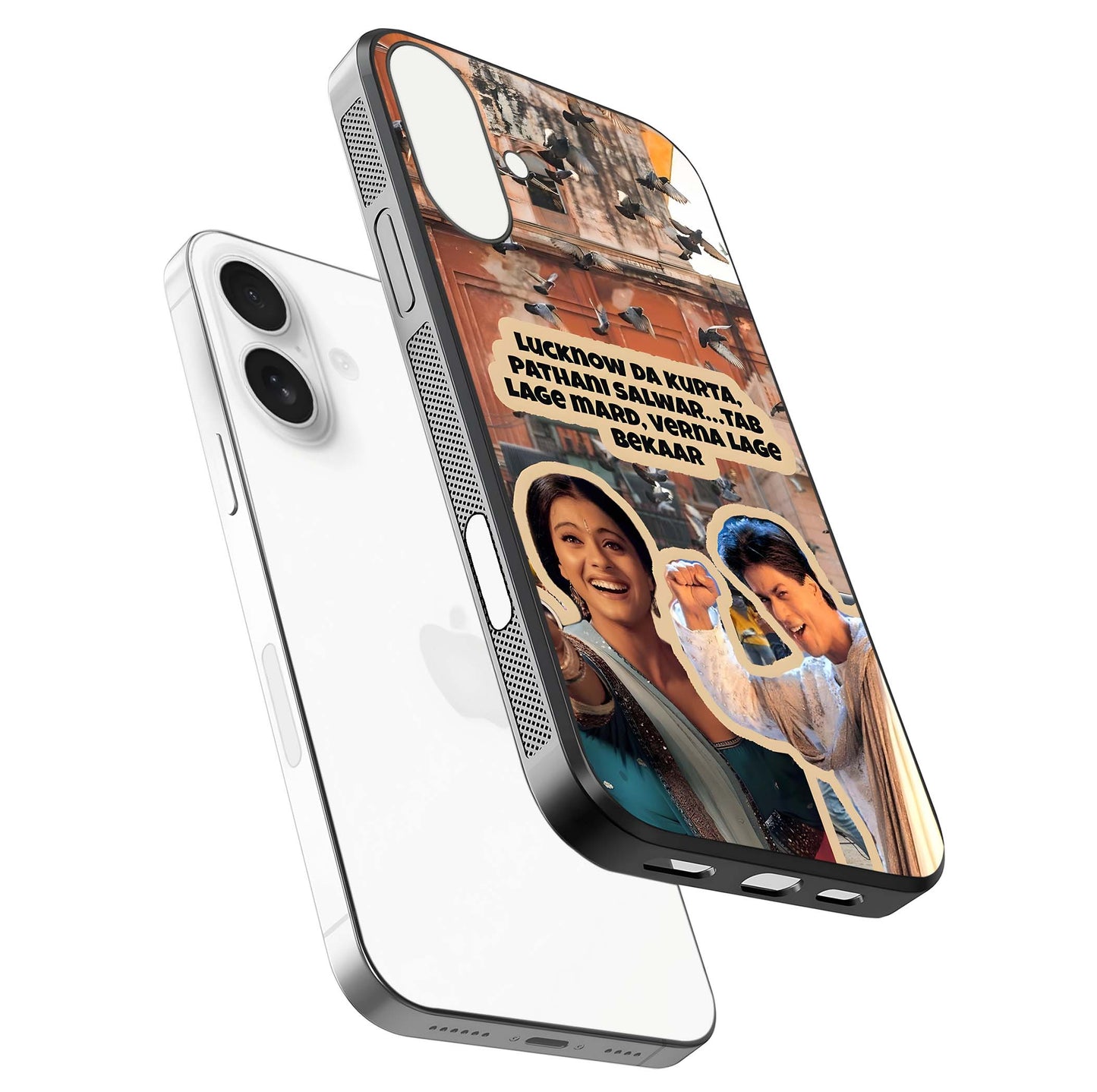 Desi Retro Vibes Glass Case for iPhone 17 floating mockup showing shine polish and vivid tones