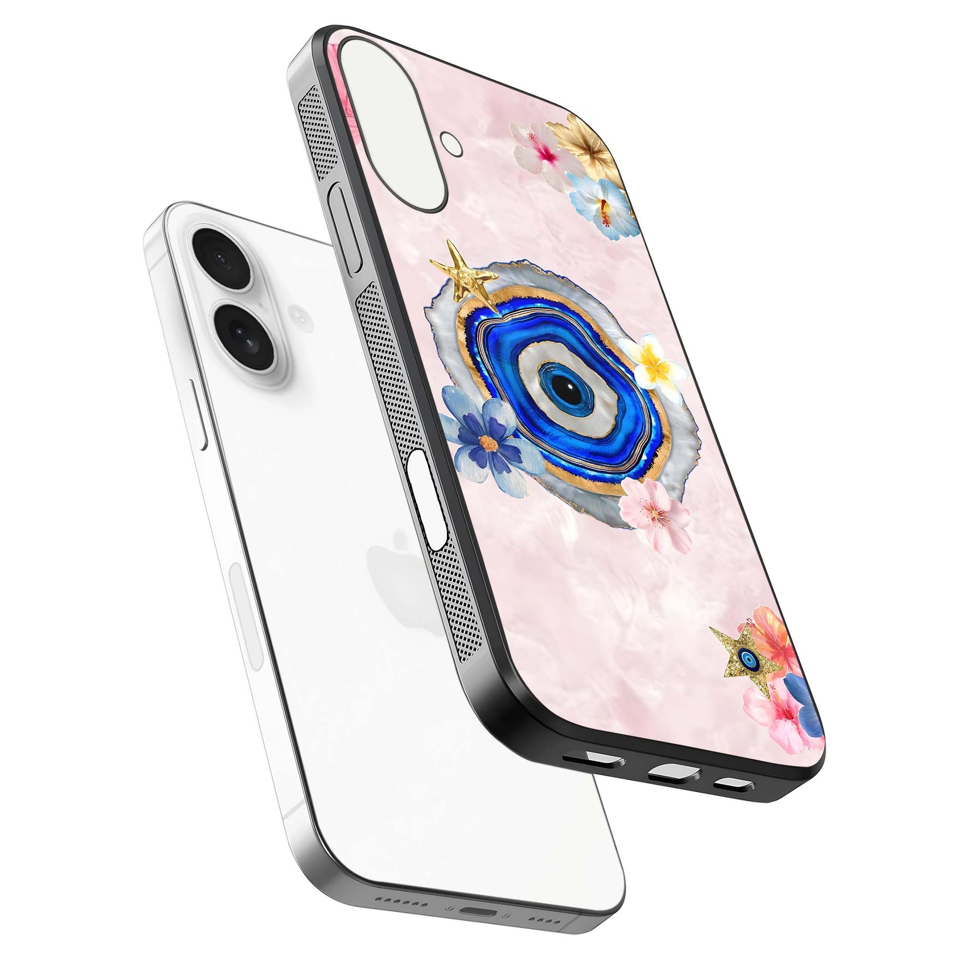 Divine Aura Bloom Glass Case for iPhone 17 floating mockup showing gloss texture and elegant design