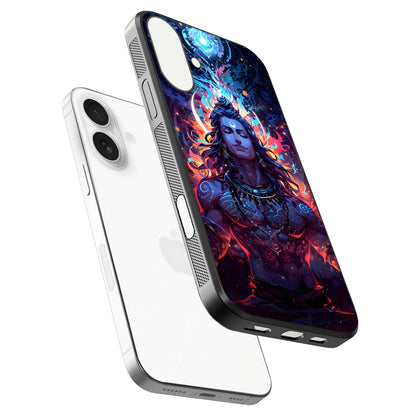 Divine Fire Shiv Glass Case for iPhone 17 floating mockup showing glow texture and gloss finish