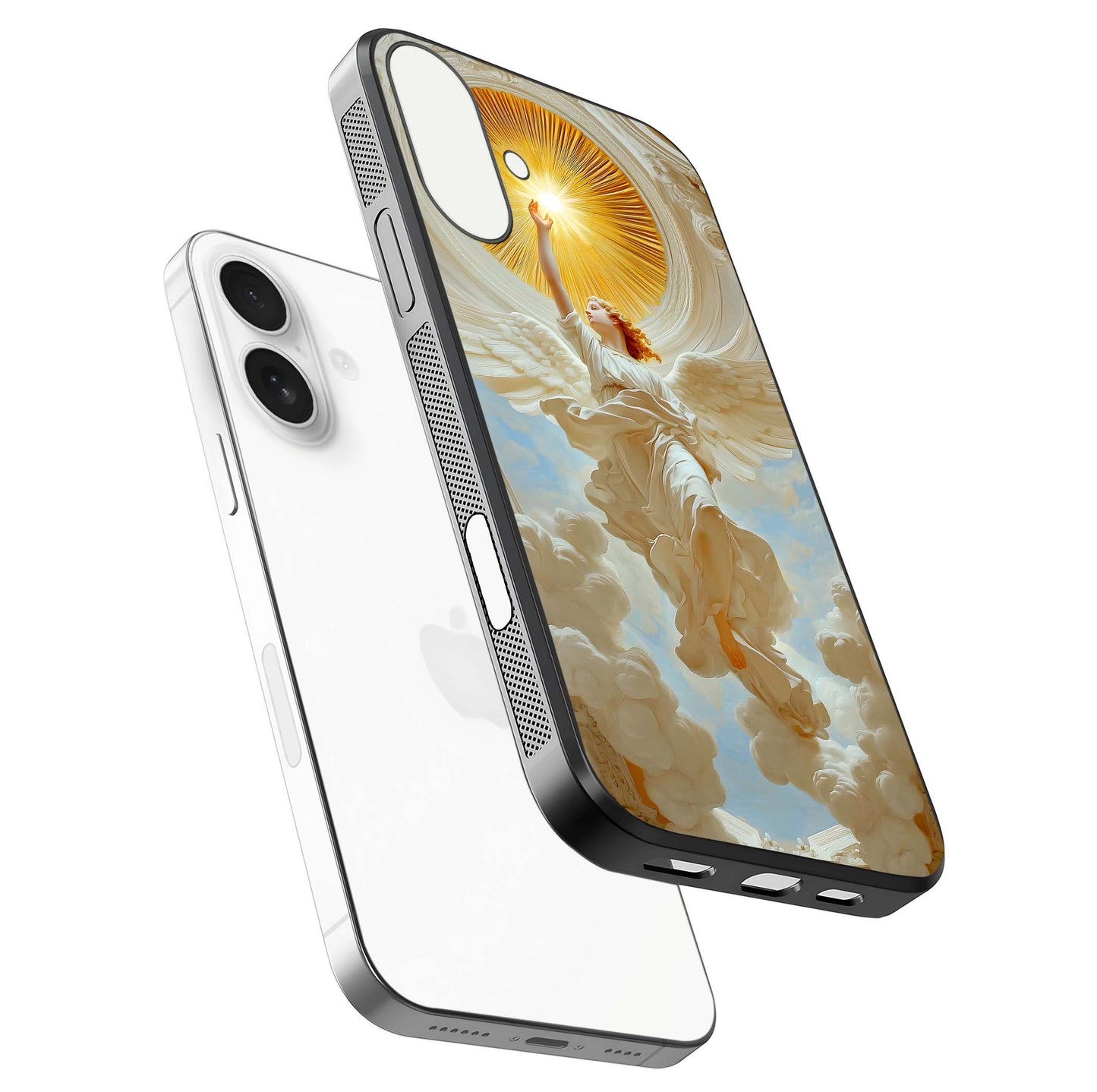 Divine Light Angel Glass Case for iPhone 17 floating mockup showing gloss texture and radiant light