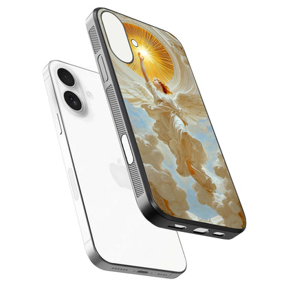 Divine Light Angel Glass Case for iPhone 17 floating mockup showing gloss texture and radiant light