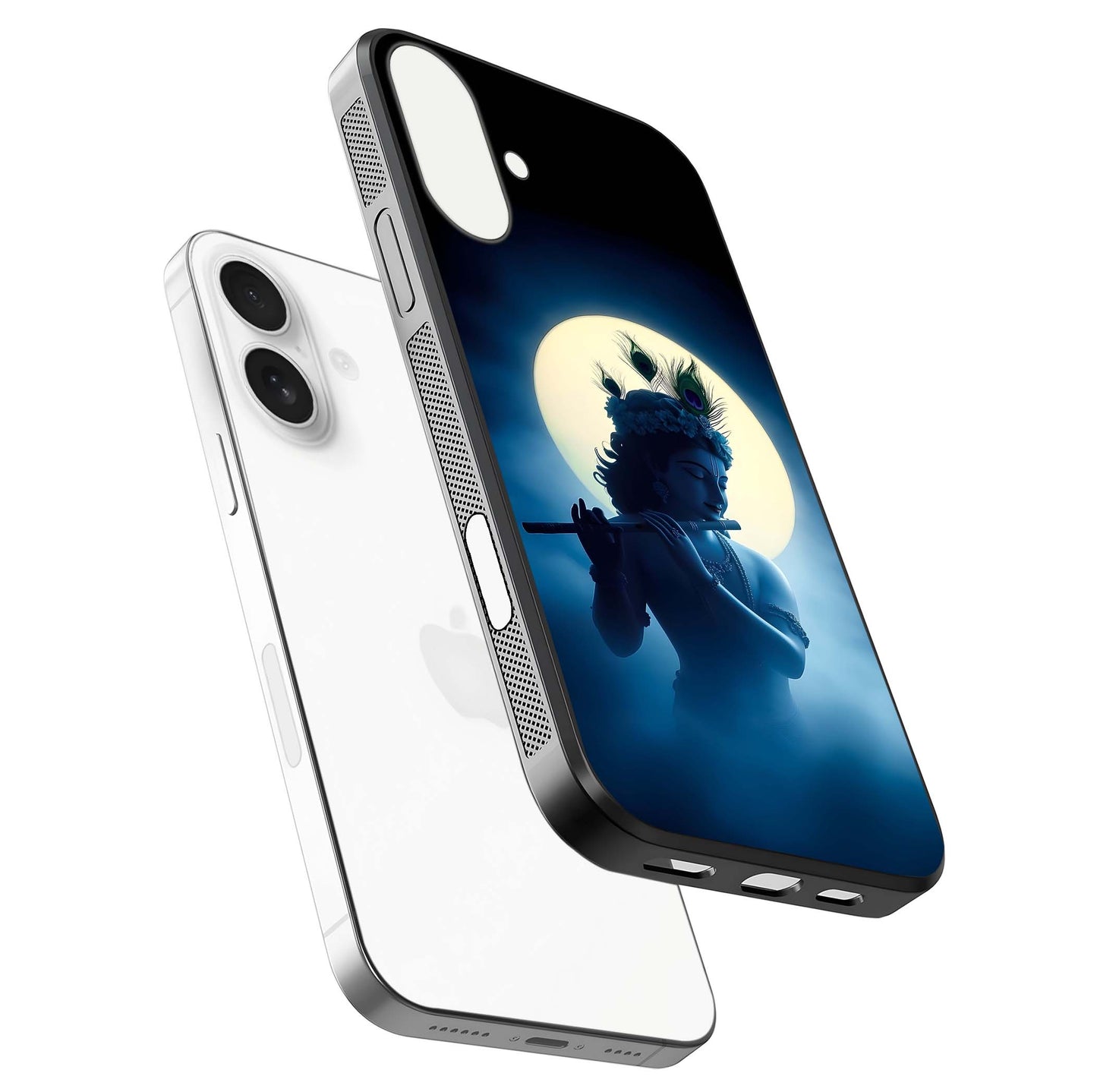 Divine Moon Flute Glass Case for iPhone 17 floating mockup showing HD gloss and luminous texture