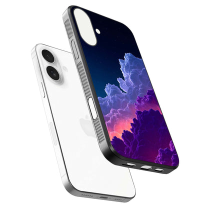 Dreamy Cloud Skies Glass Case for iPhone 17 floating mockup showing glossy depth and delicate tone