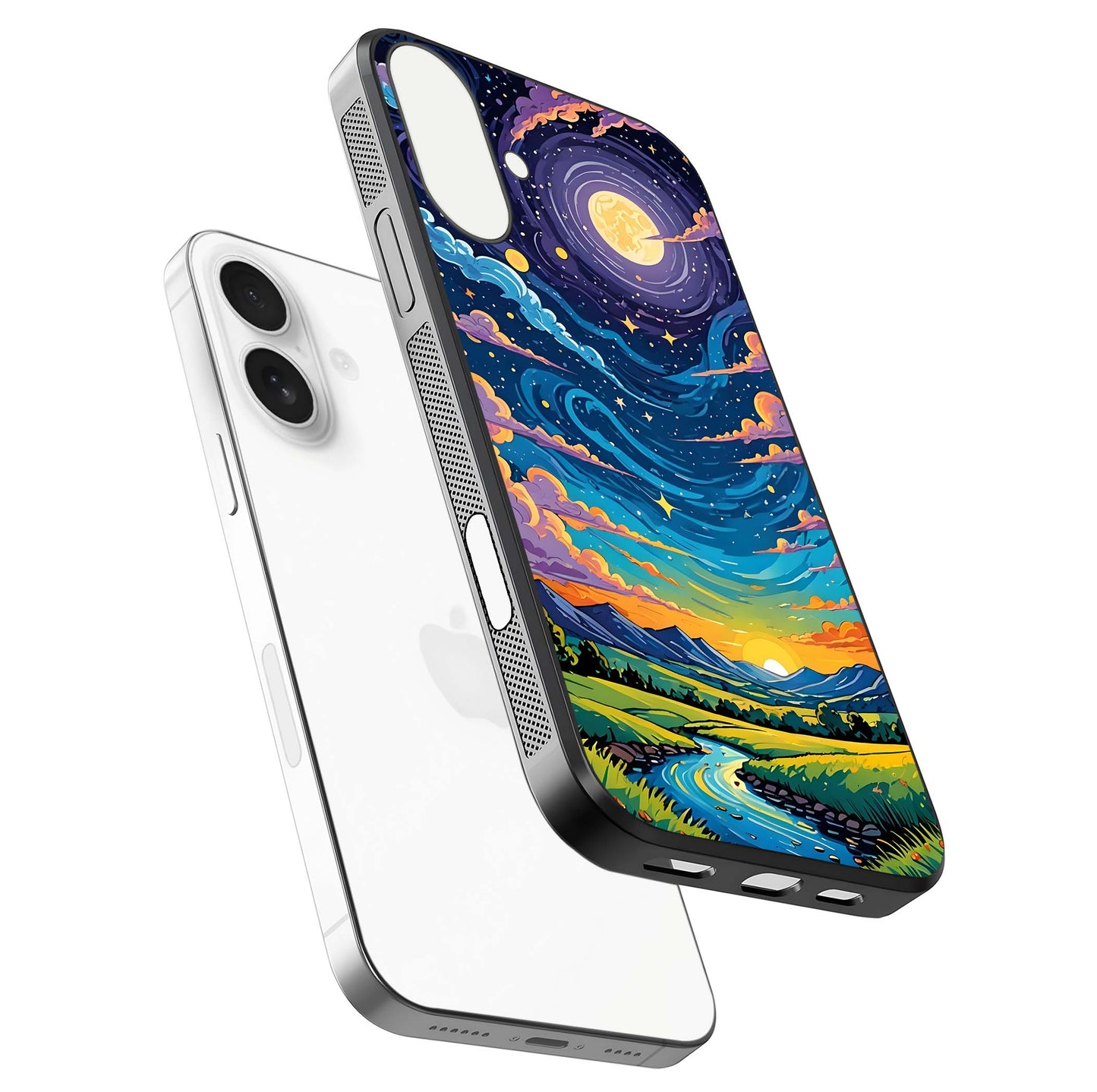 Dreamy Night Landscape Glass Case for iPhone 17 floating mockup showing glossy depth and serene color