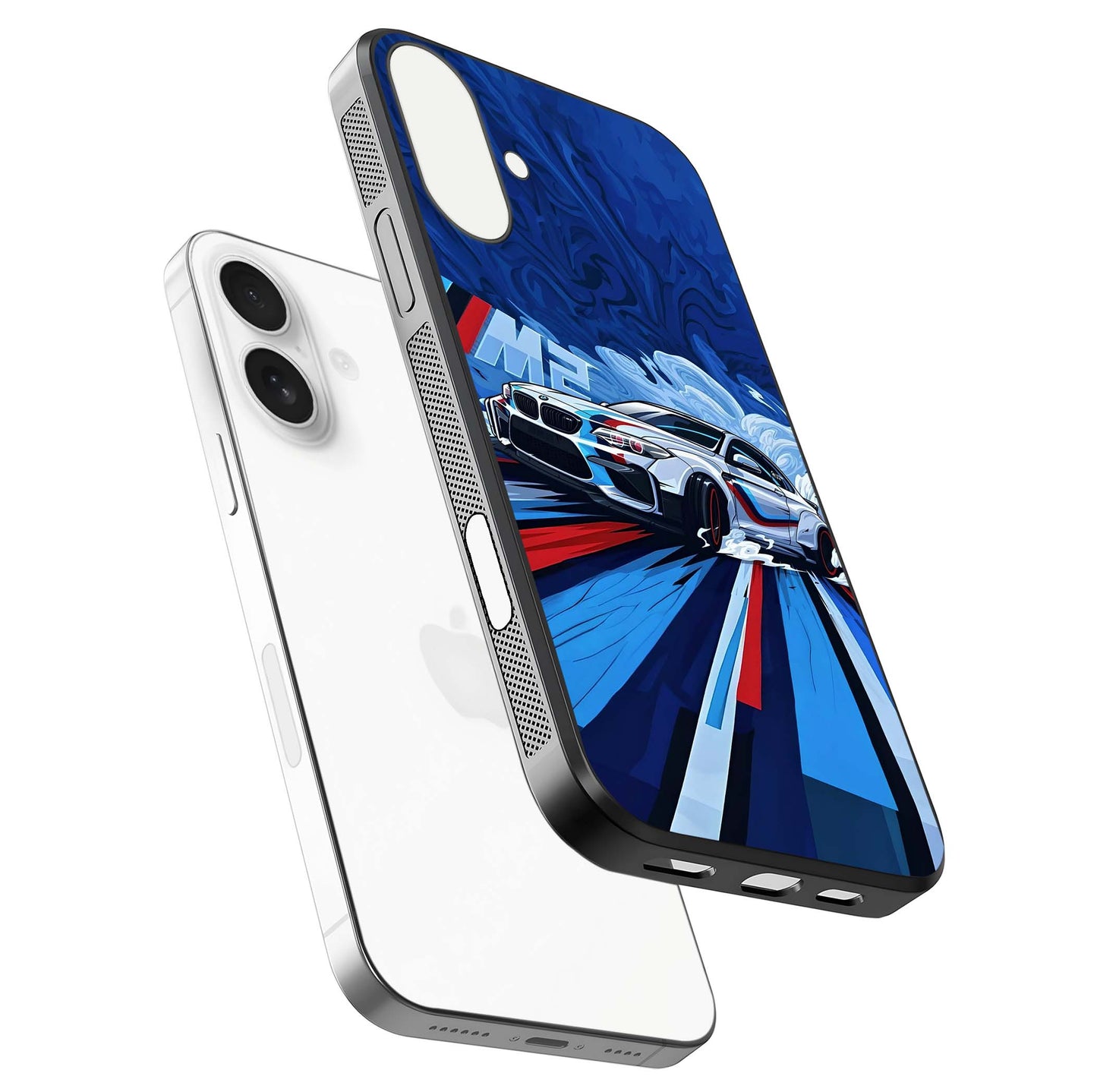 Drift Power Rush Glass Case for iPhone 17 floating mockup showing gloss polish and speed-theme design