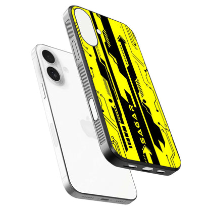 Electric Pulse CYBERPUNK Custom Name Glass Case for iPhone 17 floating mockup showing HD gloss and vibrant cyberpunk glow