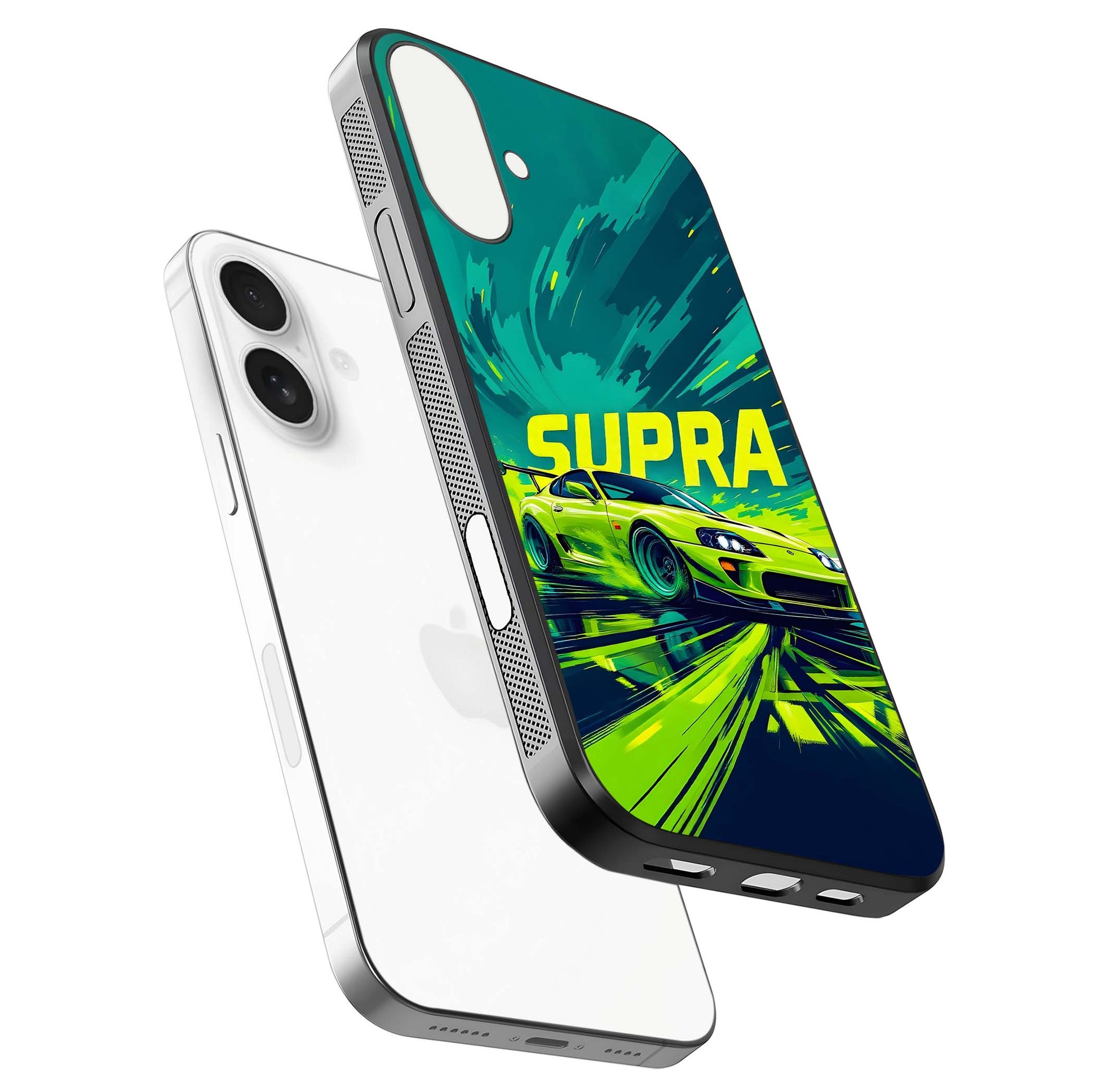 Electric Supra Thunder Glass Case for iPhone 17 floating mockup showing gloss depth and energy glow