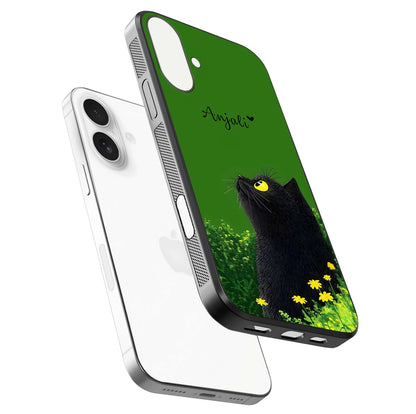 Emerald Cat Custom Name Glass Case for iPhone 17 floating mockup showing HD gloss and soft gradient