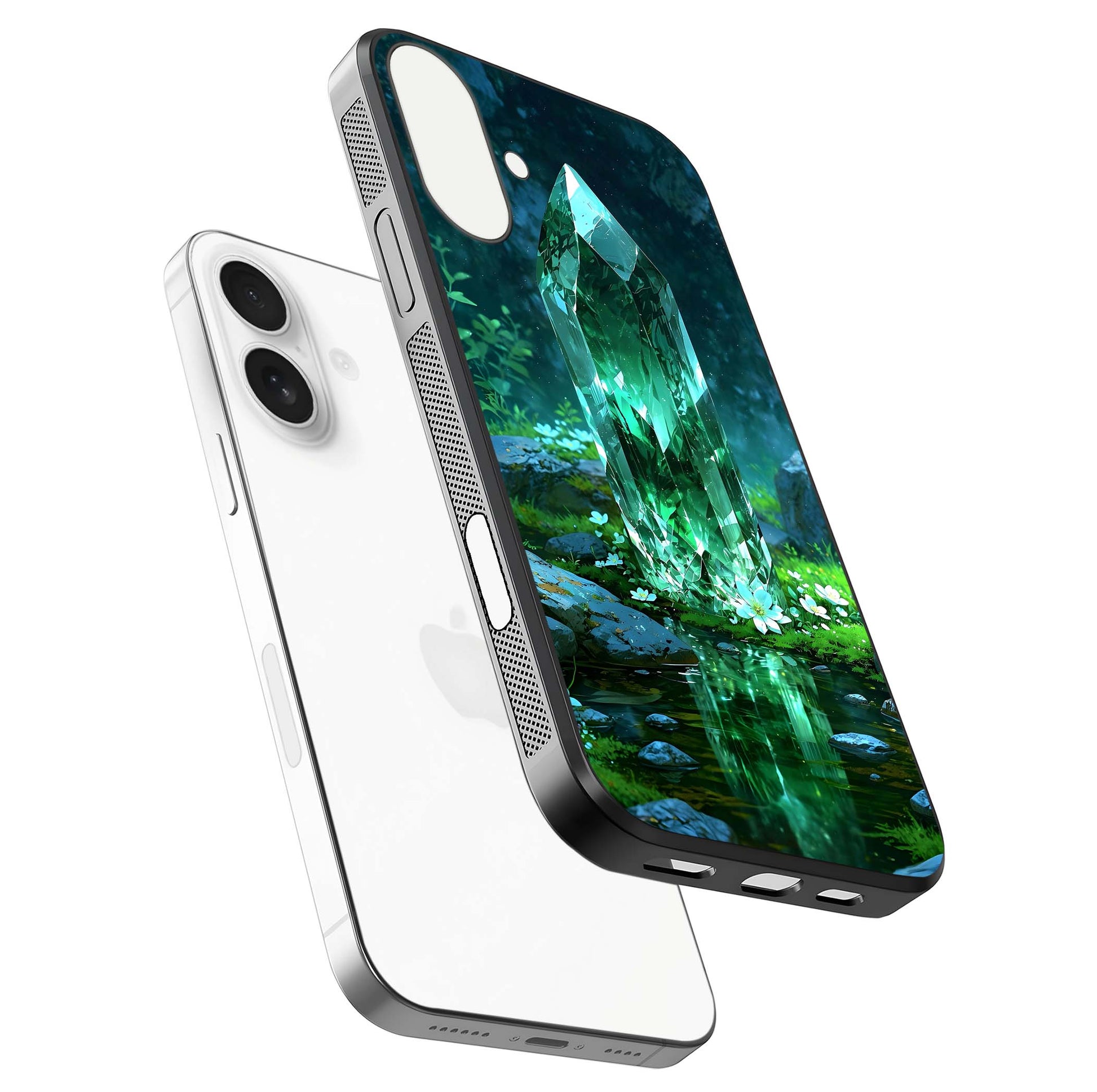Emerald Light Crystal Glass Case for iPhone 17 floating mockup showing glossy finish and radiant light pattern